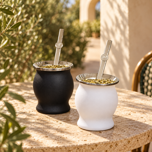 Stainless Steel Mate — warm sunlit café setting